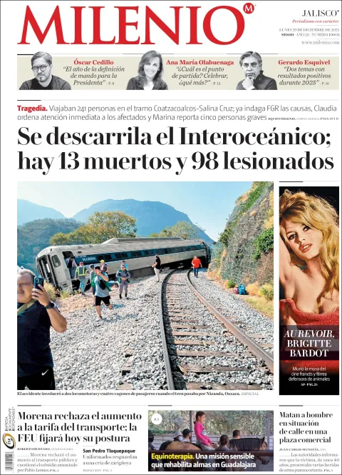 Portada de Milenio Jalisco del lunes, 29 de diciembre de 2025