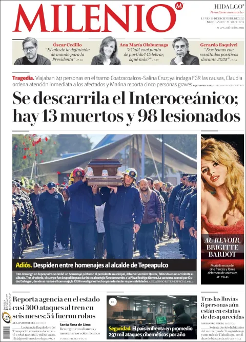 Portada de Milenio Hidalgo del lunes, 29 de diciembre de 2025