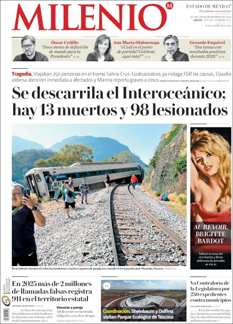 Portada de Milenio Edo de Mexico del lunes, 29 de diciembre de 2025
