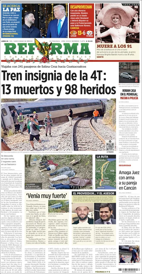 Portada de Reforma del lunes, 29 de diciembre de 2025