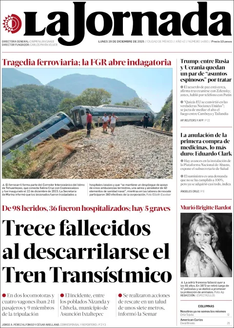 Portada de La Jornada del lunes, 29 de diciembre de 2025