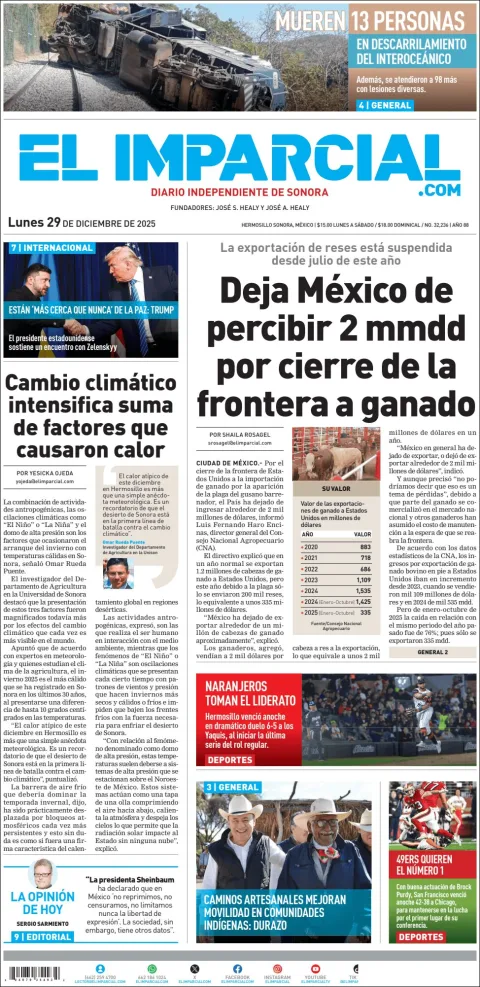 Portada de El Imparcial del lunes, 29 de diciembre de 2025