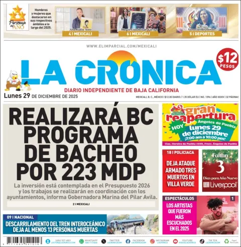 Portada de La Cronica del lunes, 29 de diciembre de 2025