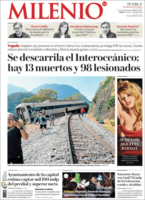 Portada de Milenio Puebla del lunes, 29 de diciembre de 2025