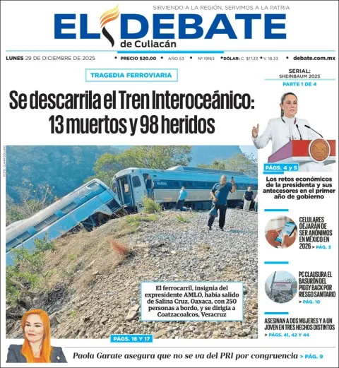 Portada de El Debate de Culiacan del lunes, 29 de diciembre de 2025