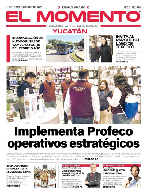 Portada de El Momento Yucatan del lunes, 29 de diciembre de 2025