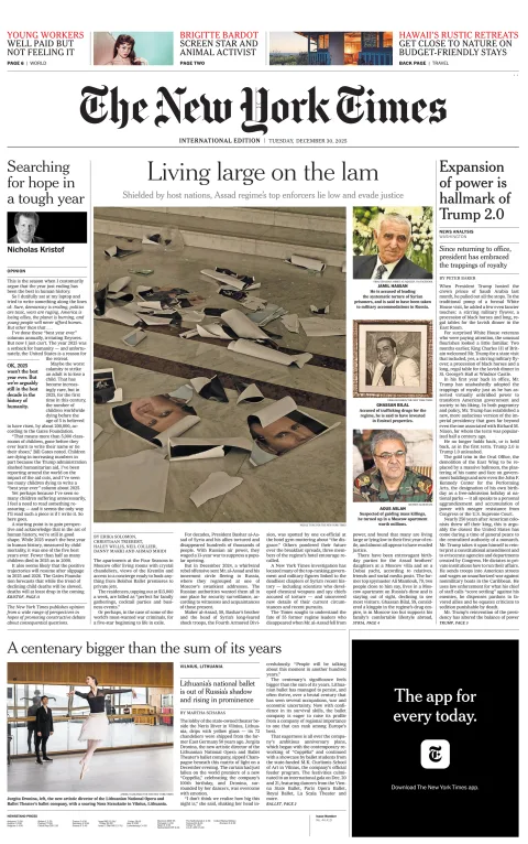Portada de The New York Times (international) del martes, 30 de diciembre de 2025