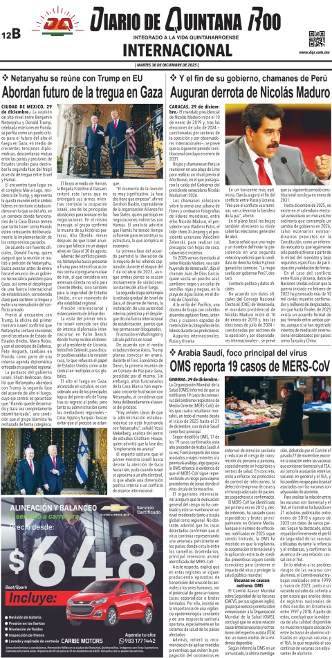 Portada de Diario de Quintana Roo (contra Portada) del martes, 30 de diciembre de 2025