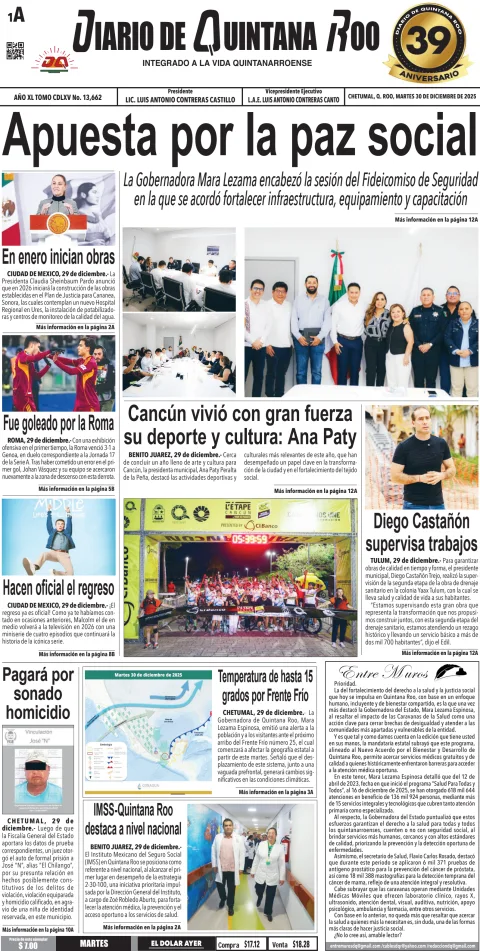 Portada de Diario de Quintana Roo (portada) del martes, 30 de diciembre de 2025