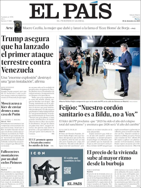 Portada de El Pais del martes, 30 de diciembre de 2025