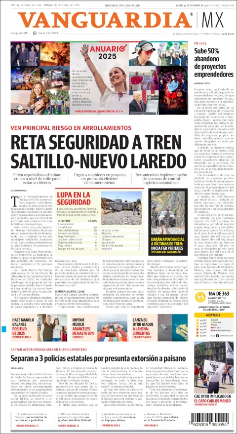 Portada de Vanguardia del martes, 30 de diciembre de 2025