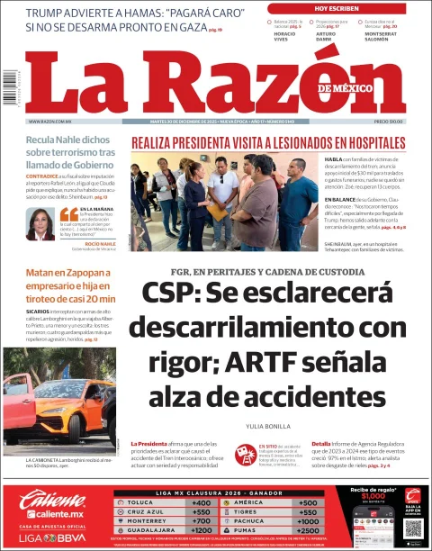 Portada de La Razon del martes, 30 de diciembre de 2025