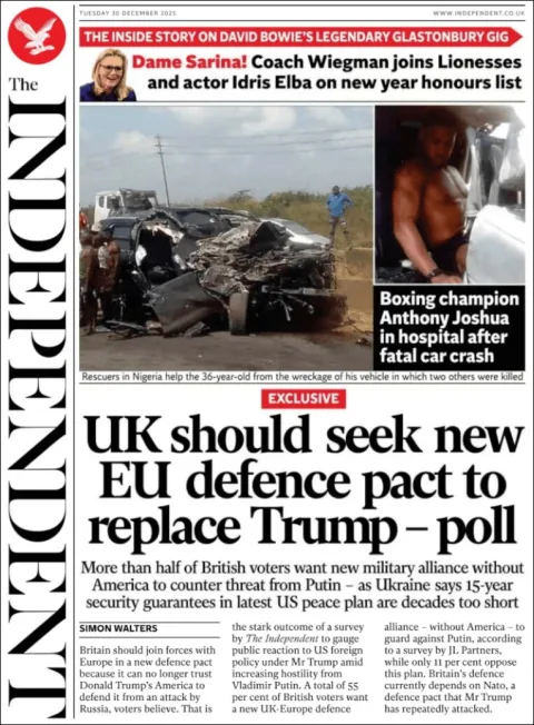 Portada de The Independent del martes, 30 de diciembre de 2025