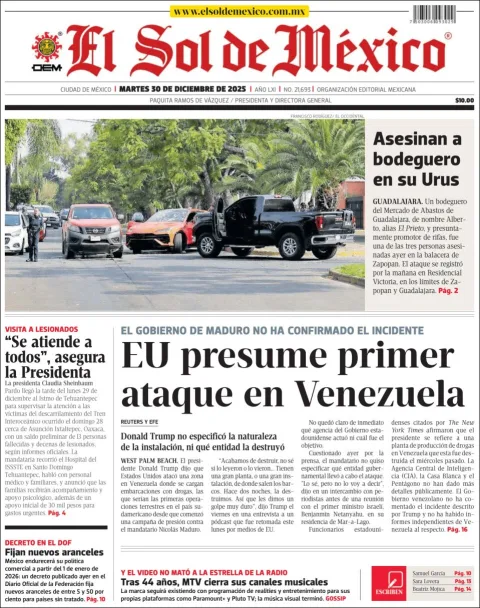 Portada de El Sol de Mexico del martes, 30 de diciembre de 2025