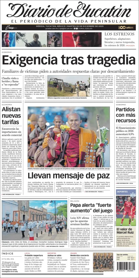 Portada de Diario de Yucatán del martes, 30 de diciembre de 2025