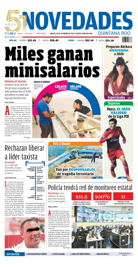 Portada de Novedades Quintana Roo del martes, 30 de diciembre de 2025