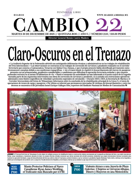 Portada de Diario Cambio 22 (contraportada) del martes, 30 de diciembre de 2025