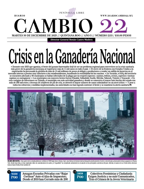 Portada de Diario Cambio 22 (portada) del martes, 30 de diciembre de 2025