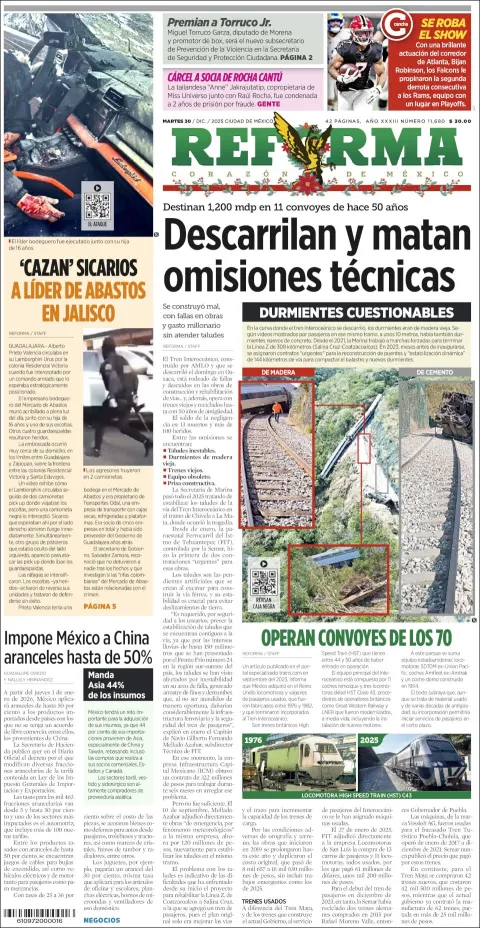 Portada de Reforma del martes, 30 de diciembre de 2025