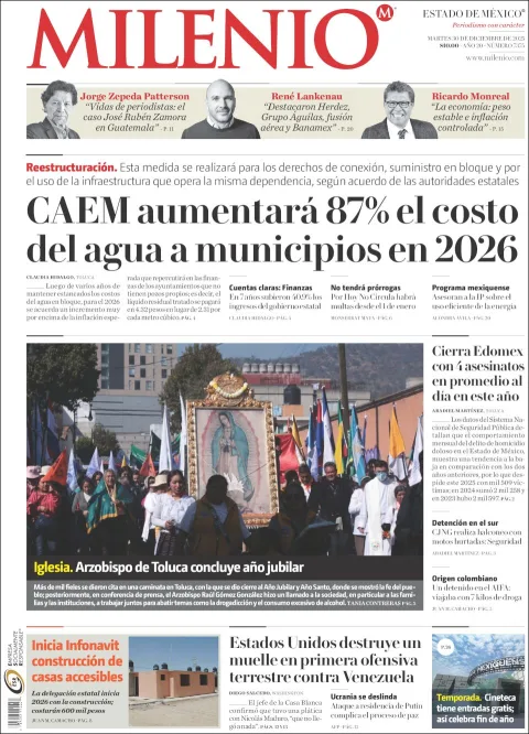 Portada de Milenio Edo de Mexico del martes, 30 de diciembre de 2025