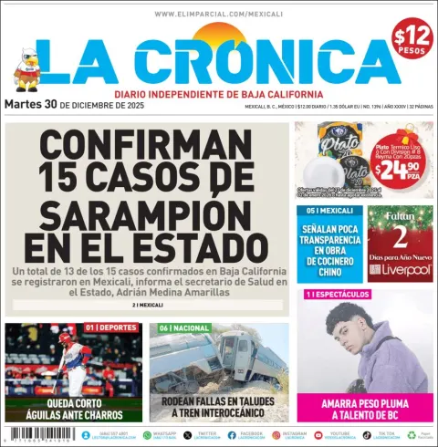 Portada de La Cronica del martes, 30 de diciembre de 2025