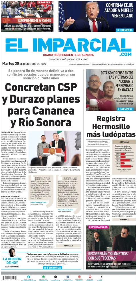 Portada de El Imparcial del martes, 30 de diciembre de 2025