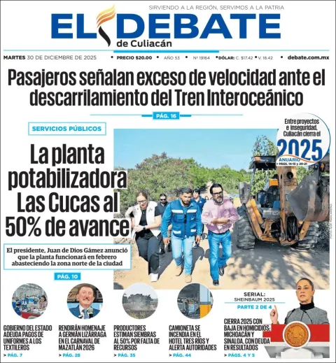 Portada de El Debate de Culiacan del martes, 30 de diciembre de 2025