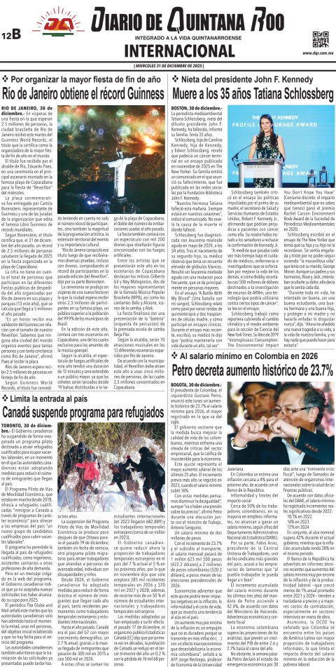 Portada de Diario de Quintana Roo (contra Portada) del miércoles, 31 de diciembre de 2025