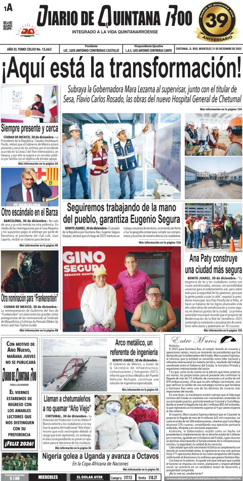 Portada de Diario de Quintana Roo (portada) del miércoles, 31 de diciembre de 2025