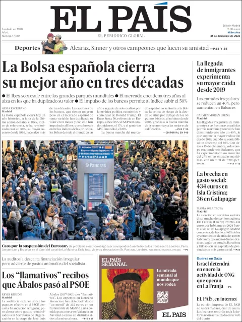 Portada de El Pais del miércoles, 31 de diciembre de 2025