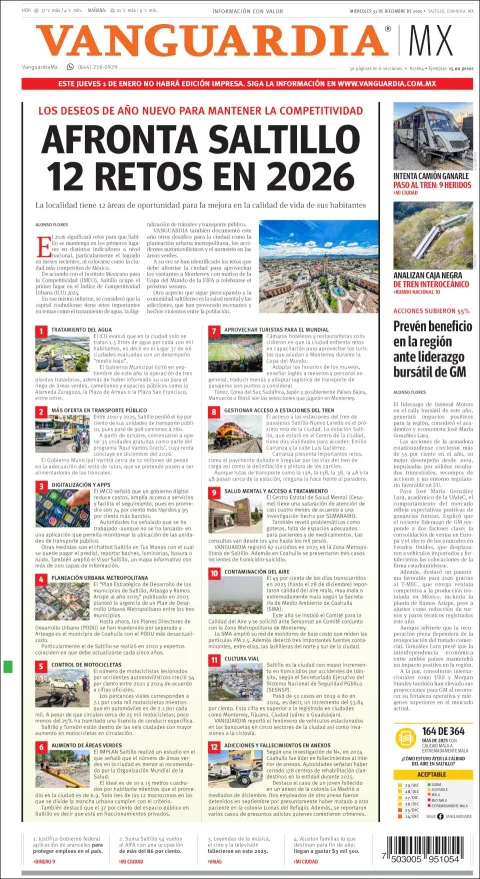 Portada de Vanguardia del miércoles, 31 de diciembre de 2025