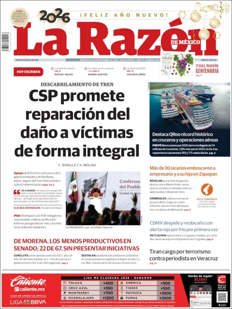 Portada de La Razon del miércoles, 31 de diciembre de 2025
