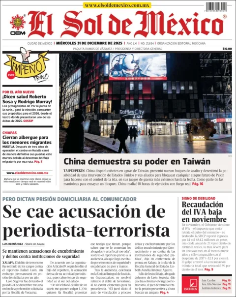 Portada de El Sol de Mexico del miércoles, 31 de diciembre de 2025