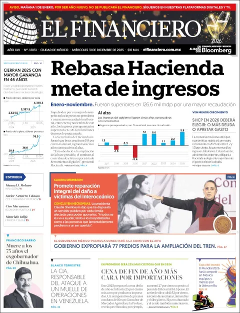 Portada de El Financiero del miércoles, 31 de diciembre de 2025