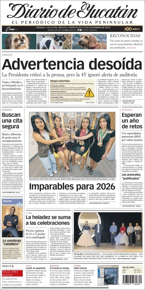 Portada de Diario de Yucatán del miércoles, 31 de diciembre de 2025