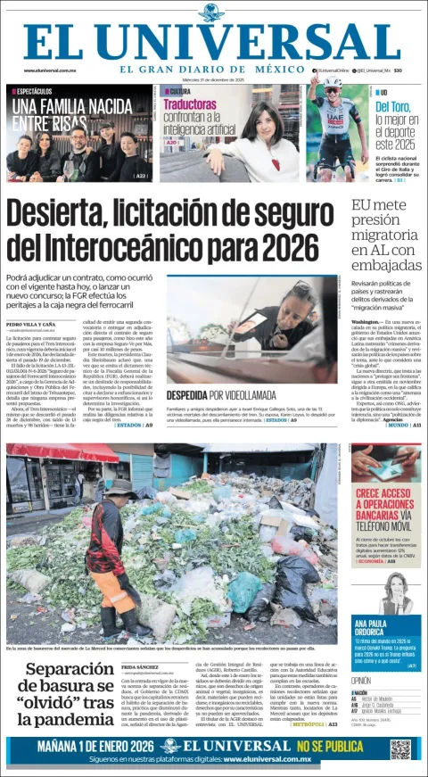 Portada de El Universal del miércoles, 31 de diciembre de 2025