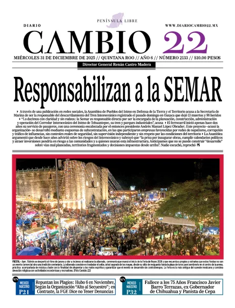 Portada de Diario Cambio 22 (contraportada) del miércoles, 31 de diciembre de 2025
