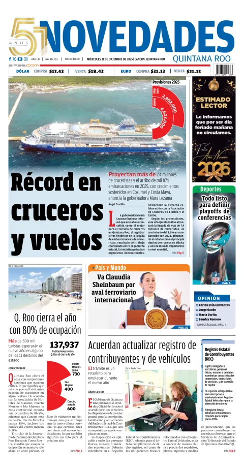 Portada de Novedades Quintana Roo del miércoles, 31 de diciembre de 2025
