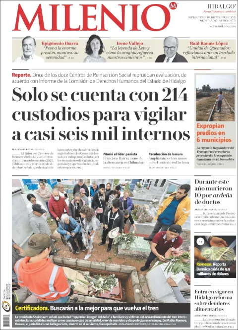 Portada de Milenio Hidalgo del miércoles, 31 de diciembre de 2025