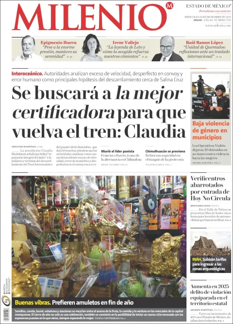 Portada de Milenio Edo de Mexico del miércoles, 31 de diciembre de 2025