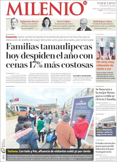Portada de Milenio Tamaulipas del miércoles, 31 de diciembre de 2025