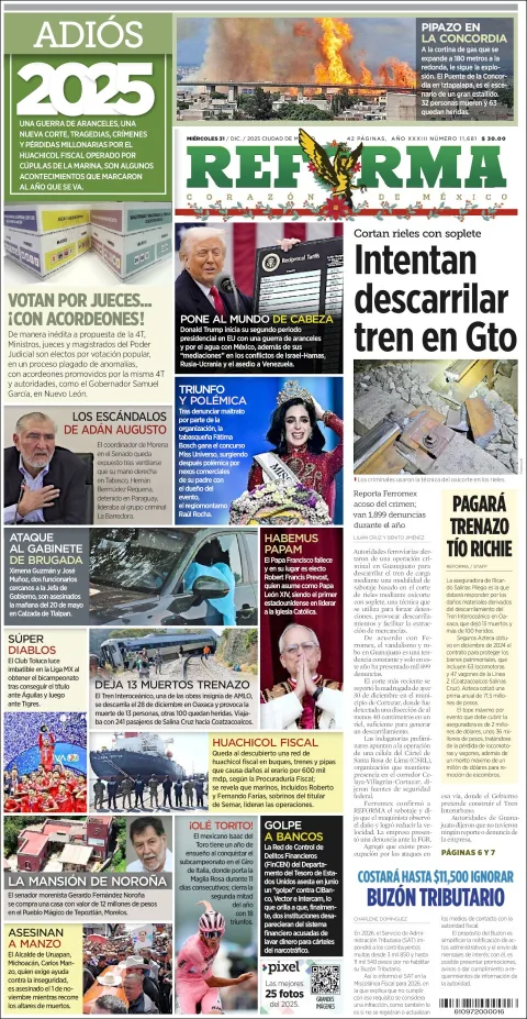 Portada de Reforma del miércoles, 31 de diciembre de 2025