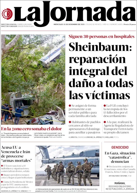 Portada de La Jornada del miércoles, 31 de diciembre de 2025