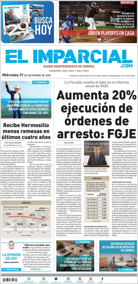 Portada de El Imparcial del miércoles, 31 de diciembre de 2025