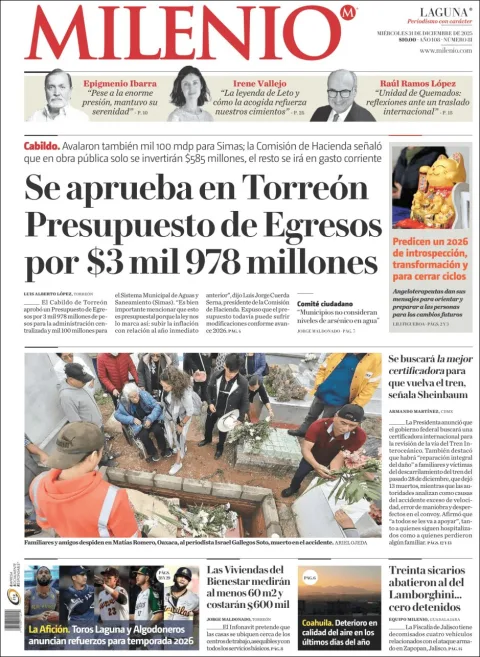 Portada de Milenio Laguna del miércoles, 31 de diciembre de 2025