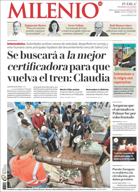 Portada de Milenio Puebla del miércoles, 31 de diciembre de 2025