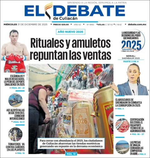 Portada de El Debate de Culiacan del miércoles, 31 de diciembre de 2025