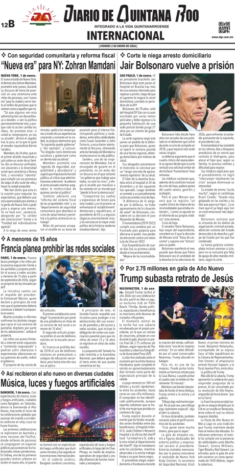 Portada de Diario de Quintana Roo (contra Portada) del viernes, 2 de enero de 2026