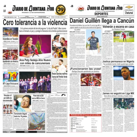 Portada de Diario de Quintana Roo (portada) del jueves, 1 de enero de 2026