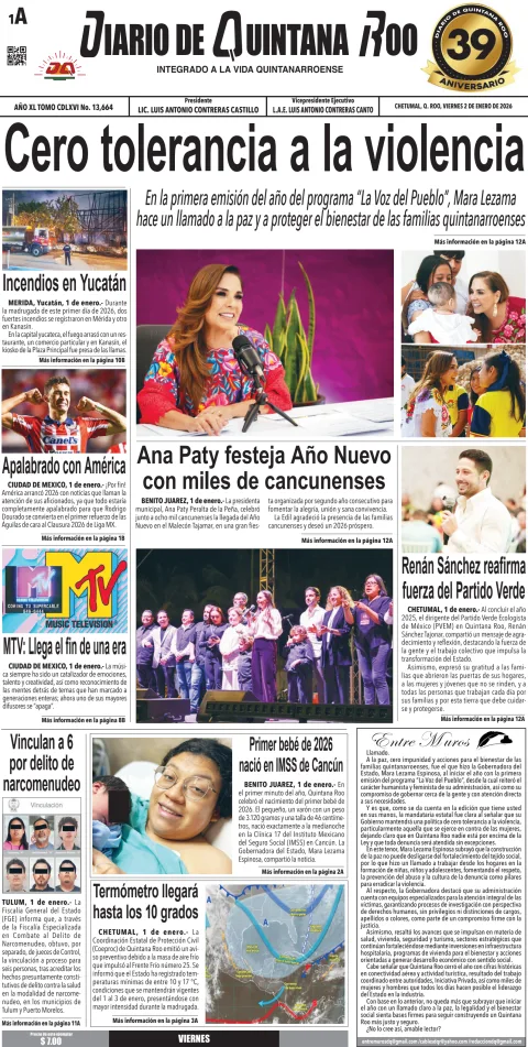 Portada de Diario de Quintana Roo (portada) del viernes, 2 de enero de 2026